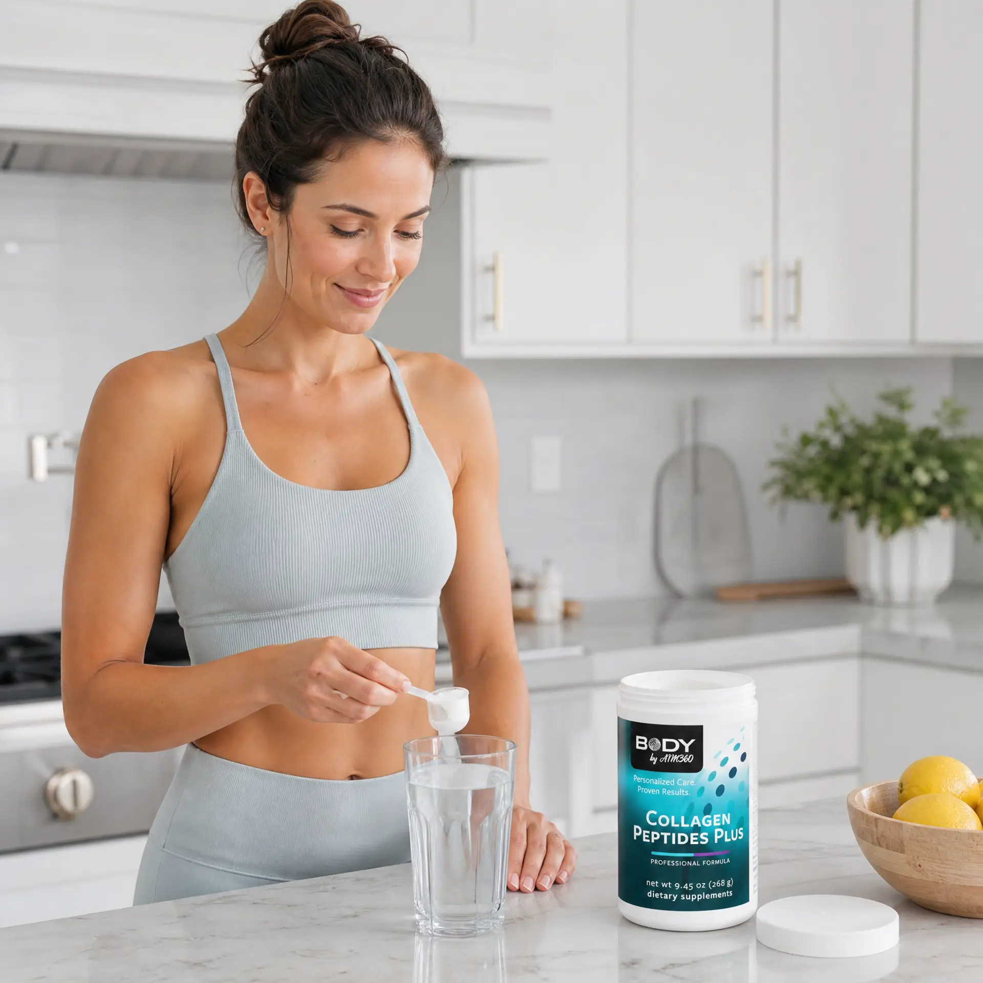 Scooping Collagen Peptides Plus into a glass of water