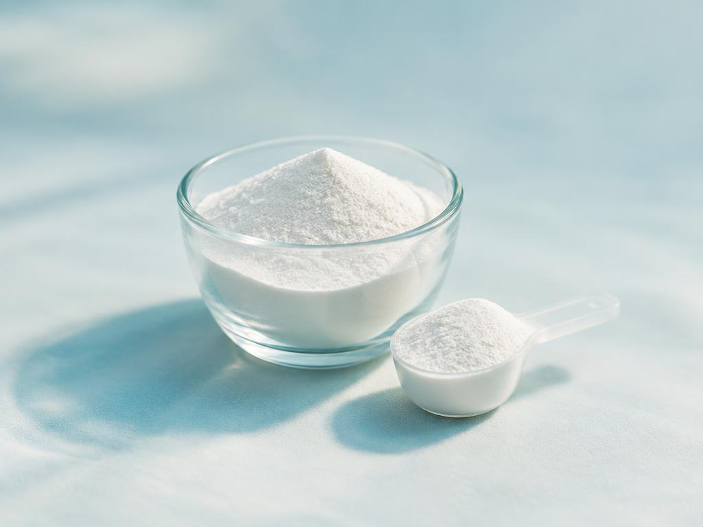 Bowl of hydrolyzed collagen peptide powder with a scoop