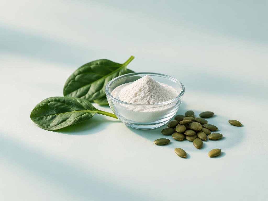 Magnesium powder with spinach leaves and pumpkin seeds