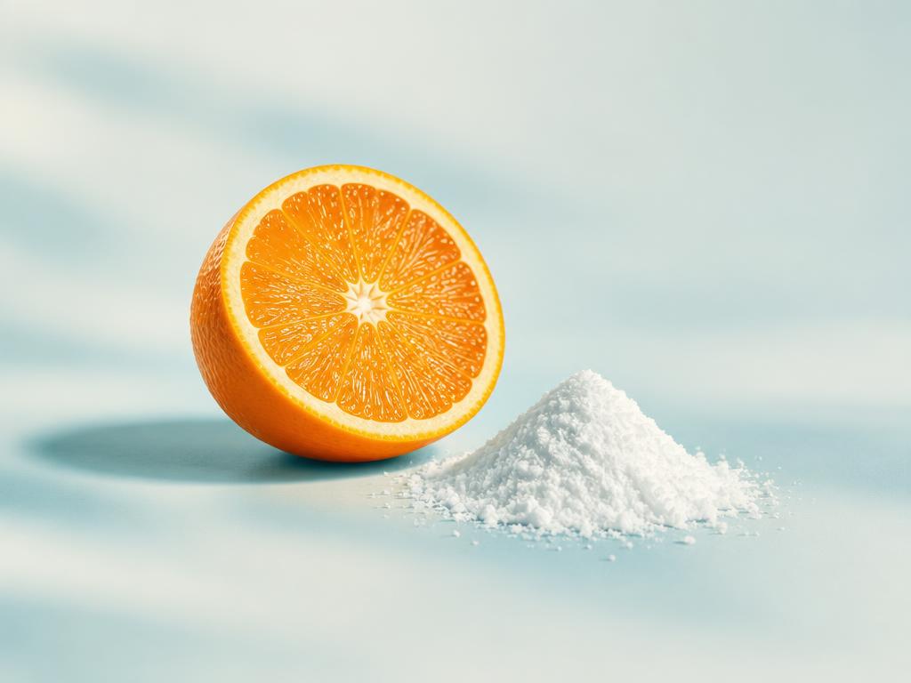 Orange slice beside ascorbic acid powder